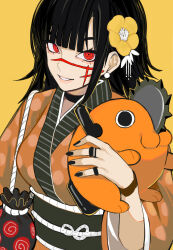 Rule 34 | 1girl, absurdres, alternate costume, black choker, black hair, black nails, chainsaw man, choker, commentary, creature, cross scar, english commentary, fingernails, flower, grin, hair flower, hair ornament, highres, japanese clothes, kimono, lips, long hair, looking at viewer, obi, orange kimono, pink lips, pochita (chainsaw man), red eyes, ringed eyes, sailen0, sash, scar, scar on face, smile, wide sleeves, yellow flower, yoru (chainsaw man)