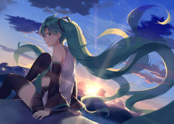 Rule 34 | 1girl, alexmaster, aqua eyes, aqua hair, bare shoulders, black thighhighs, cloud, detached sleeves, from side, gradient background, hatsune miku, highres, jpeg artifacts, long hair, looking at viewer, necktie, sitting, skirt, sky, sleeveless, smile, solo, sunlight, sunset, thighhighs, twintails, very long hair, vocaloid