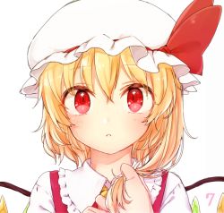 Rule 34 | 1girl, bad id, bad twitter id, blonde hair, blush, crystal, flandre scarlet, hat, hat ribbon, honotai, looking at viewer, mob cap, parted lips, portrait, red eyes, ribbon, shirt, short hair, side ponytail, simple background, solo, touhou, vest, white background, wings