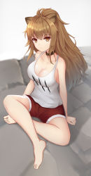 Rule 34 | 1girl, animal ears, arknights, arm support, bare arms, bare legs, bare shoulders, barefoot, black choker, breasts, brown eyes, brown hair, choker, cleavage, collarbone, commentary, frontera, highres, indian style, large breasts, lion ears, long hair, looking at viewer, red shorts, shadow, short shorts, shorts, sidelocks, siege (arknights), sitting, solo, tank top, white tank top