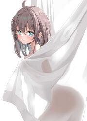 Rule 34 | 1girl, absurdres, ahoge, aqua eyes, bare shoulders, behind curtains, brown hair, commentary request, completely nude, highres, hololive, looking at viewer, medium hair, natsuiro matsuri, nude, oniku (o29sukizero), see-through silhouette, simple background, solo, virtual youtuber, white background