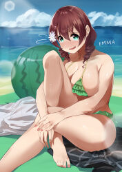 Rule 34 | 1girl, absurdres, aqua eyes, ball, bare arms, bare legs, bare shoulders, barefoot, beach, beach towel, beachball, bikini, black skirt, blue sky, blush, breasts, brown hair, character name, cleavage, cloud, collarbone, collared shirt, commentary request, crossed legs, day, drill hair, emma verde, feet, fingernails, flower, flying sweatdrops, foot out of frame, freckles, frilled bikini, frills, green bikini, hair between eyes, hair flower, hair ornament, halterneck, highres, hugging own legs, knee to chest, knee up, large breasts, lens flare, looking at viewer, love live!, love live! nijigasaki high school idol club, medium hair, miniskirt, nervous smile, nijigasaki academy school uniform, nose blush, ocean, on ground, outdoors, parted lips, plaid, plaid skirt, popupi 12, raised eyebrows, school uniform, shirt, unworn shirt, sitting, skirt, unworn skirt, sky, smile, solo, sunlight, swimsuit, toenails, toes, towel, twin drills, watermelon beachball, white flower, white shirt