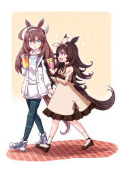 Rule 34 | 2girls, :d, ahoge, animal ears, black hair, blue eyes, brown dress, brown footwear, brown hair, commentary request, crepe, cup, disposable cup, dress, drinking straw, food, frilled dress, frills, hair between eyes, hair over one eye, harada (sansei rain), highres, holding, holding cup, holding food, hood, hood down, hoodie, horse ears, horse girl, horse tail, jacket, long hair, long sleeves, mihono bourbon (umamusume), multiple girls, open clothes, open jacket, open mouth, pantyhose, puffy long sleeves, puffy sleeves, purple eyes, rice shower (umamusume), shoes, sleeves past wrists, smile, sneakers, socks, sparkle, tail, umamusume, very long hair, walking, white footwear, white hoodie, white jacket, white legwear