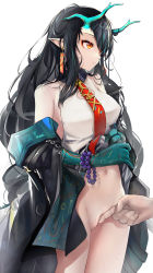 Rule 34 | 1girl, absurdres, aqua hair, arknights, ass, bare shoulders, black hair, breasts, censored, chinese commentary, cleft of venus, clenched hand, closed mouth, coat, colored skin, commentary, commentary request, cowboy shot, dragon girl, dragon horns, dragon tail, dress, dusk (arknights), earrings, english commentary, eyeshadow, gradient skin, green skin, hair between eyes, has bad revision, has censored revision, highres, horns, jewelry, long hair, makeup, medium breasts, mixed-language commentary, mosaic censoring, multicolored hair, multicolored skin, navel, necktie, nopetroto, off shoulder, partially undressed, pointy ears, pussy, red eyes, sidelocks, simple background, slit pupils, solo, spread pussy, streaked hair, sweat, sweatdrop, tail, tassel, tassel earrings, two-tone hair, white background, white dress
