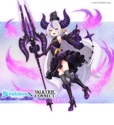 Rule 34 | 1girl, alternate costume, bare shoulders, black dress, black footwear, black thighhighs, breasts, collaboration, crow (la+ darknesss), demon girl, demon horns, demon tail, detached sleeves, dress, hololive, horns, la+ darknesss, official alternate costume, official art, pointing, polearm, small breasts, spear, tail, thighhighs, thighs, valkyrie connect, virtual youtuber, weapon, white hair