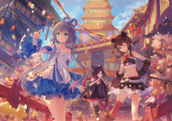 Rule 34 | 3girls, animal ears, bare shoulders, black hair, black legwear, blush, brown hair, cat ears, cat tail, collarbone, criin (659503), garter straps, green eyes, grey hair, highres, lantern, long hair, looking at viewer, looking away, luo tianyi, multicolored hair, multiple girls, navel, one eye closed, red eyes, red hair, red legwear, short hair with long locks, smile, tail, thighhighs, twintails, vocaloid, vocanese, yuezheng ling
