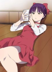 Rule 34 | 1girl, annoyed, blurry, bow, cellphone, choker, commentary request, dress, gegege no kitarou, hair bow, holding, holding phone, indoors, long sleeves, lying, mattaku mousuke, nekomusume, nekomusume (gegege no kitarou 6), on back, phone, pointy ears, purple hair, red bow, red choker, red dress, shirt, short hair, smartphone, solo, wall, white shirt, wooden floor, yellow eyes