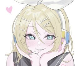 Rule 34 | 1girl, aqua eyes, bad id, bad twitter id, bare shoulders, black sailor collar, blonde hair, blush, bow, elpuchi, grin, hair bow, hair ornament, hairclip, hands on own cheeks, hands on own face, head rest, headphones, headset, kagamine rin, long eyelashes, looking at viewer, number tattoo, sailor collar, shirt, short hair, shoulder tattoo, sleeveless, sleeveless shirt, smile, solo, tattoo, vocaloid, white bow