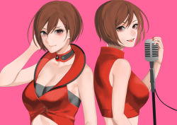 Rule 34 | 1girl, breasts, brown eyes, brown hair, holding, holding microphone, light blush, looking at viewer, medium breasts, meiko (vocaloid), meiko (vocaloid3), meriko, microphone, multiple views, nail polish, open mouth, red nails, short hair, vocaloid