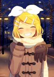 Rule 34 | 1girl, ^ ^, beckoning, black gloves, blonde hair, blurry, breath, brown coat, closed eyes, coat, eyelashes, facing viewer, gloves, grin, hair ornament, hairclip, kagamine rin, lamppost, long sleeves, looking at viewer, night, night sky, nokuhashi, outdoors, outstretched arm, road, scarf, short hair, sky, sleeves past wrists, smile, snow, snowing, solo, street, swept bangs, upper body, vocaloid, white scarf, winter