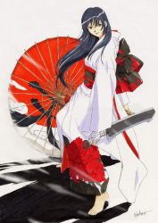 Rule 34 | 1girl, arms at sides, bandaged hand, from side, full body, horibe hiderou, japanese clothes, oil-paper umbrella, original, solo, standing, umbrella, white background