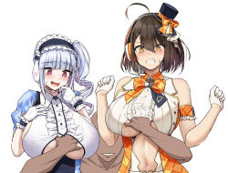 Rule 34 | 1boy, 2girls, ahoge, angry, azur lane, baltimore (azur lane), baltimore (muse) (azur lane), blush, grabbing another&#039;s breast, breasts, brown hair, clenched teeth, clothing cutout, commentary request, dark-skinned male, dark skin, dido (azur lane), dido (muse) (azur lane), drill hair, faceless, faceless male, framed breasts, gloves, grabbing, hair ribbon, hat, headphones, large breasts, looking down, mini hat, mini top hat, multiple girls, oekakizuki, open mouth, pink eyes, plaid, plaid ribbon, ribbon, short hair, side ponytail, smile, sweatdrop, teeth, top hat, underboob cutout, white background, white gloves, white hair, yellow eyes