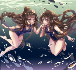 Rule 34 | 2girls, ahoge, air bubble, animal, ayakashi onmyouroku, barefoot, blue one-piece swimsuit, braid, breasts, brown hair, bubble, cleavage, collarbone, evollis, fish, freediving, gemini (ayakashi), hair bun, hair ornament, holding breath, holding hands, knees together feet apart, long hair, looking at another, looking at viewer, multiple girls, one-piece swimsuit, purple eyes, siblings, single braid, single hair bun, sisters, smile, submerged, swimming, swimsuit, twins, underwater, water, zodiac