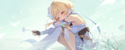 Rule 34 | arms on knees, bare shoulders, black gloves, blonde hair, breasts, commentary request, covered mouth, detached sleeves, dress, feather hair ornament, feathers, flower, fomnant, genshin impact, gloves, hair flower, hair ornament, half-closed eyes, head rest, highres, holding, holding flower, knees up, looking at viewer, lumine (genshin impact), medium breasts, outdoors, partially fingerless gloves, scarf, short dress, short hair with long locks, solo, white dress, white flower, white scarf, white sleeves, yellow eyes
