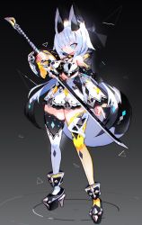 Rule 34 | 1girl, animal ear fluff, animal ears, arm at side, asymmetrical legwear, bare shoulders, black background, black hair, blue eyes, breasts, clothing cutout, detached sleeves, dress, fox ears, fox girl, fox tail, full body, gradient background, grey background, hair over one eye, highres, holding, holding weapon, large breasts, low twintails, mamuru, mismatched legwear, multicolored hair, original, platform footwear, solo, standing, sword, tail, thighhighs, thighs, twintails, two-tone hair, underboob, underboob cutout, v-shaped eyebrows, weapon, white dress, white hair, white thighhighs, yellow thighhighs