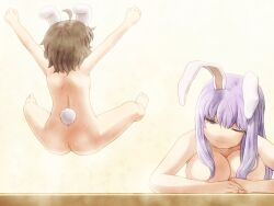 Rule 34 | 2girls, ahoge, animal ears, arm rest, arms up, ass, back, barefoot, bathing, breasts, brown hair, closed mouth, completely nude, facing away, from behind, half-closed eye, hand rest, inaba tewi, jumping, large breasts, long hair, medium hair, multiple girls, nude, one eye closed, outstretched arms, purple hair, rabbit ears, rabbit tail, reisen udongein inaba, shirosato, steam, tail, toes, touhou, wet