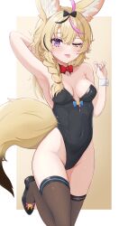 Rule 34 | 1girl, absurdres, ahoge, animal ears, arm behind head, armpits, bare hips, bare shoulders, black bow, black hair, black leotard, blonde hair, blush, border, bow, bowtie, braid, breasts, commentary, detached collar, english commentary, facial mark, fox ears, fox girl, fox tail, gradient background, hair bow, hair ribbon, heart, heart-shaped pupils, highres, hololive, leg up, leotard, long hair, medium breasts, multicolored hair, omaru polka, one eye closed, pink hair, playboy bunny, purple eyes, red bow, red bowtie, ribbon, side braid, solo, strapless, strapless leotard, streaked hair, symbol-shaped pupils, symbol in eye, tail, telomere, thighhighs, thighs, tongue, tongue out, traditional bowtie, virtual youtuber, white border, white wrist cuffs, wrist cuffs, yellow background