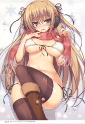 Rule 34 | 1girl, absurdres, bikini, blue eyes, blush, boots, brown footwear, brown thighhighs, earmuffs, front-tie bikini top, front-tie top, fur trim, highres, knee boots, light brown hair, navel, original, page number, parted lips, scan, scarf, shiny clothes, shiny skin, side-tie bikini bottom, snow, snowflakes, solo, swimsuit, thighhighs, tomose shunsaku
