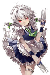 Rule 34 | 1girl, absurdres, ahoge, apron, between fingers, blue dress, bow, braid, commentary request, cowboy shot, dress, frilled apron, frills, green bow, green ribbon, hair between eyes, hair bow, hand up, highres, holding, holding knife, holding weapon, izayoi sakuya, kani nyan, knife, knives between fingers, looking at viewer, maid, maid apron, maid headdress, neck ribbon, petticoat, puffy short sleeves, puffy sleeves, red eyes, ribbon, shirt, short hair, short sleeves, silver hair, simple background, solo, standing, thigh strap, thighs, touhou, twin braids, waist apron, weapon, white apron, white background, white shirt