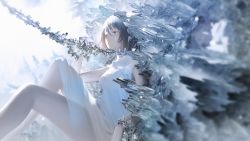 Rule 34 | 1girl, black hair, blurry, blurry foreground, chain, crystal, dress, feet out of frame, mogumo, original, parted lips, see-through, short hair, sleeveless, sleeveless dress, solo, tears, white dress