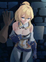 Rule 34 | 1girl, against wall, bare shoulders, blonde hair, blue eyes, blue gloves, breasts, cleavage, clenched teeth, cowboy shot, detached collar, disembodied hand, elbow gloves, genshin impact, gloves, highres, jean (genshin impact), kabedon, kenkano, large breasts, long hair, looking at viewer, pants, parted lips, ponytail, pov, sidelocks, solo, strapless, teeth, v-shaped eyebrows, white pants