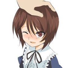 Rule 34 | 00s, 1girl, bad id, bad pixiv id, blush, brown hair, head pat, headpat, ica, one eye closed, petite, rozen maiden, short hair, simple background, smile, solo focus, souseiseki, upper body, wink