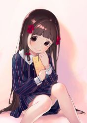Rule 34 | 1girl, blunt bangs, blush, bow, braid, brown hair, closed mouth, dot nose, feet out of frame, hair bow, hair ornament, head tilt, henreader, highres, kyou kara ore wa loli no himo!, long hair, looking at viewer, nijou touka, non-web source, pink background, red bow, shadow, solo, tareme, very long hair, wing collar