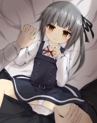 Rule 34 | 10s, 1girl, bad id, bad pixiv id, blush, brown eyes, dress, grey hair, highres, holding hands, kantai collection, kasumi (kancolle), long hair, male hand, nishihata kei, panties, pinafore dress, remodel (kantai collection), school uniform, side ponytail, skirt, sleeveless dress, solo focus, suspenders, underwear