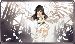 Rule 34 | 1girl, :d, angel, angel wings, animal print, arms behind back, belt, black hair, butterfly print, collarbone, feathered wings, grey eyes, leaning forward, long hair, looking at viewer, nyoro (nyoronyoro000), open mouth, original, smile, solo, thighhighs, white thighhighs, white wings, wings, zettai ryouiki
