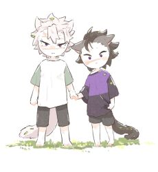 Rule 34 | 2boys, aged down, animal ears, arms at sides, bare shoulders, barefoot, black hair, black pants, black shorts, brothers, cat boy, cat ears, cat tail, child, clothes grab, grass, grey hair, holding hands, kemonomimi mode, kimetsu no yaiba, leaf, leaf on head, looking at viewer, male focus, mohawk, multiple boys, off shoulder, pants, raglan sleeves, scar, scar on face, scar on forehead, scar on nose, shinazugawa genya, shinazugawa sanemi, shirt, short hair, short sleeves, shorts, siblings, simple background, standing, t-shirt, tail, white background, white hair, zooooo co