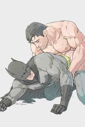 Rule 34 | 2boys, abs, anal, artist name, bara, batman, batman (series), belt, black gloves, black hair, blush, bodysuit, bodysuit pull, bruce wayne, clark kent, clothed sex, clothes pull, couple, dc comics, doggystyle, evinist, gloves, grey bodysuit, highres, large pectorals, looking at another, male focus, male penetrated, mask, multiple boys, muscular, muscular male, navel, nipples, open mouth, pants, pants pull, pectorals, sex, sex from behind, short hair, smile, superman, superman (series), teeth, tongue, tongue out, yaoi