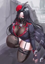 Rule 34 | 1girl, ankoh, black coat, black gloves, black hair, black mask, bodystocking, breasts, brown thighhighs, cleavage, coat, collar, fingerless gloves, flower, garter straps, gloves, goddess of victory: nikke, hair flower, hair ornament, highres, huge breasts, lock, long hair, long sleeves, looking at viewer, maiden (nikke), mask, mouth mask, multicolored coat, on one knee, parted bangs, red coat, red eyes, red flower, see-through, shoulder spikes, solo, spikes, thighhighs, two-tone coat