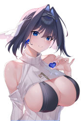 Rule 34 | 1girl, bare shoulders, bikini, bikini under clothes, black bikini, black hair, blue bow, blue eyes, bow, breasts, chain, chain headband, cleavage cutout, clothing cutout, commentary, english commentary, hair between eyes, hair intakes, head chain, heart, highres, holding, holding heart, holocouncil, hololive, hololive english, jewelry, kaneko (bblogtinhan), large breasts, long sleeves, looking at viewer, ouro kronii, parted lips, short hair, simple background, solo, string bikini, sweater, swimsuit, upper body, virtual youtuber, white background, white sweater