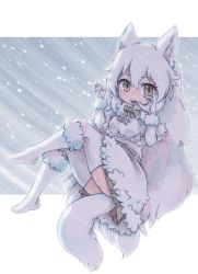 Rule 34 | 10s, 1girl, animal ears, arctic fox (kemono friends), belt, bow, bowtie, breasts, brown belt, brown bow, brown bowtie, brown skirt, elbow gloves, eyebrows, eyelashes, fangs, fox ears, fox girl, fox tail, fur collar, gloves, hands up, kemono friends, kolshica, letterboxed, long hair, looking at viewer, medium breasts, miniskirt, open mouth, pleated skirt, skirt, snow, solo, tail, thighhighs, tongue, very long hair, white gloves, white hair, white theme, white thighhighs, yellow eyes, zettai ryouiki