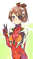 Rule 34 | 1girl, arm behind back, blue eyes, bodysuit, brown hair, cosplay, covered navel, crossover, evangelion: 3.0 you can (not) redo, eyepatch, hair ornament, kantai collection, name connection, neon genesis evangelion, nonco, plugsuit, ponytail, rebuild of evangelion, shikinami (kancolle), sketch, solo, souryuu asuka langley (cosplay), standing, v