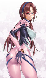 Rule 34 | 1girl, ass, ass grab, bad id, bad pixiv id, blue eyes, blush, bodysuit, breasts, brown hair, cle masahiro, deep skin, covered erect nipples, fang, from behind, glasses, grabbing own ass, heart, highres, lips, long hair, looking back, makinami mari illustrious, medium breasts, neon genesis evangelion, plugsuit, puffy nipples, rebuild of evangelion, red-framed eyewear, grabbing own breast, skin tight, smile, solo, twintails, twisted torso