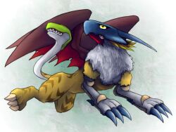 Rule 34 | artist request, claws, digimon, digimon (creature), flying, griffomon, griffon, helmet, looking to the side, multiple heads, sharp teeth, snake tail, solo, tail, teeth, wings, yellow eyes