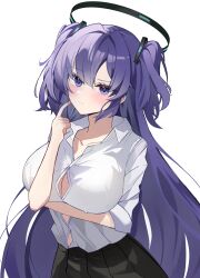 Rule 34 | 1girl, absurdres, black skirt, blue archive, blush, breasts, button gap, closed mouth, collarbone, commentary, grey eyes, halo, highres, large breasts, looking at viewer, naseul 777, purple eyes, purple hair, shirt, simple background, skirt, solo, two side up, white background, white shirt, yuuka (blue archive)