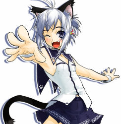 Rule 34 | 1girl, ;d, ahoge, animal ears, blue eyes, blush, cat ears, cat tail, fangs, foreshortening, grey hair, one eye closed, open mouth, original, outstretched arms, outstretched hand, petite, pleated skirt, short hair, skirt, smile, solo, spread arms, tail, takano saki