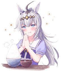 Rule 34 | 1girl, animal ears, black hair, blue bow, blue eyes, blue shirt, blush, bow, bowl, closed mouth, grey hair, hair between eyes, horse ears, ittokyu, licking lips, long hair, multicolored hair, oguri cap (umamusume), palms together, puffy short sleeves, puffy sleeves, rice, rice bowl, school uniform, shirt, short sleeves, signature, simple background, smile, solo, sparkle, tongue, tongue out, tracen school uniform, two-tone hair, umamusume, upper body, v-shaped eyebrows, very long hair, white background