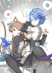 Rule 34 | 10s, 1girl, 2boys, ;q, androgynous, animal ears, apron, armpits, bed, between breasts, black hair, black pants, black pantyhose, black skirt, blue eyes, blue hair, bow, breast press, breasts, brown hair, cat boy, cat ears, cat tail, crossdressing, detached sleeves, emphasis lines, face between breasts, felix argyle, flower, frilled skirt, frills, garter straps, green eyes, hair between eyes, hair bow, hair flower, hair ornament, hair ribbon, head between breasts, head on chest, head wreath, heart, medium breasts, multiple boys, natsuki subaru, one eye closed, open mouth, pants, pantyhose, purple ribbon, re:zero kara hajimeru isekai seikatsu, rem (re:zero), ribbon, ribbon-trimmed sleeves, ribbon-trimmed thighhighs, ribbon trim, short hair, sitting, skirt, spoken heart, standing, striped ribbon, sweatdrop, tail, thighhighs, tongue, tongue out, white apron, white bow, white flower, white thighhighs