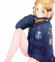 Rule 34 | 1girl, abigail williams (fate), abigail williams (traveling outfit) (fate), alternate hairstyle, bandaid, bandaid on face, bandaid on forehead, belt, black bow, black jacket, blonde hair, blue eyes, bow, commentary request, crossed bandaids, fate/grand order, fate (series), forehead, hair bow, hair bun, heroic spirit traveling outfit, high collar, highres, jacket, knee up, legs, long hair, long sleeves, looking at viewer, official alternate costume, orange bow, parted bangs, parted lips, polka dot, polka dot bow, revision, simple background, single hair bun, sitting, sleeves past wrists, solo, sugai (4ugaii), white background