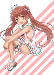 Rule 34 | 10s, 1girl, :d, bad id, bad pixiv id, bare legs, brown eyes, brown hair, dark-skinned female, dark skin, dress, fang, full body, gale kawaii, hair ribbon, hat, hugging own legs, kantai collection, knees up, legs together, libeccio (kancolle), long hair, looking at viewer, no bra, no socks, open mouth, panties, pantyshot, ribbon, sailor dress, sitting, sleeveless, sleeveless dress, smile, solo, striped background, striped clothes, striped panties, thigh strap, torpedo, twintails, underwear, very long hair, white dress