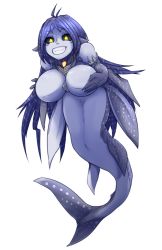 Rule 34 | 1girl, black sclera, blue hair, breasts squeezed together, breasts, colored sclera, fangs, fins, full body, grin, highres, large breasts, long hair, looking at viewer, mega milk, meme, mermaid, mershark (monster girl encyclopedia), monster girl, monster girl encyclopedia, nanostar, shark girl, smile, solo, teeth, transparent background, very long hair, whale shark, white background, yellow eyes