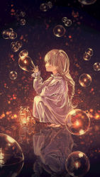 Rule 34 | 1girl, blonde hair, braid, bubble, dress, from side, glowing, highres, jar, long hair, marutani, original, profile, red theme, reflection, soap bubbles, solo, squatting, white dress