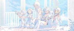 Rule 34 | 5girls, angel, angel wings, armchair, bare shoulders, blue eyes, breasts, chair, collared shirt, dress, drum, closed eyes, feathered wings, flower, full body, halo, highres, instrument, kaede (shijie heping), long hair, multiple girls, music, off shoulder, open mouth, original, outdoors, pan flute, pillar, playing instrument, shirt, short hair, singing, sitting, sketch, sleeveless, sleeveless dress, small breasts, smile, timpani, trumpet, ukulele, unfinished, white dress, white hair, white shirt, wings, yellow eyes