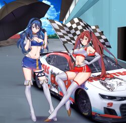 Rule 34 | 2girls, blue eyes, blue hair, boots, breasts, car, checkered flag, cleavage, commission, cropped jacket, elbow gloves, fire emblem, fire emblem awakening, flag, gloves, headset, highres, holding, holding flag, hooters, igni tion, long hair, looking at viewer, lucina (fire emblem), medium breasts, motor vehicle, multiple girls, multiple straps, nascar, nintendo, parasol, race queen, race vehicle, racecar, racetrack, red eyes, red hair, severa (fire emblem), sitting on car, skirt, thighhighs, umbrella