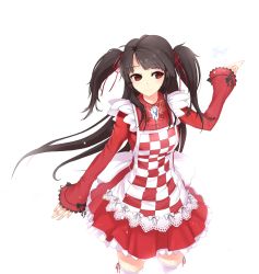 Rule 34 | 1girl, apron, arm up, bad id, bad pixiv id, black hair, blunt bangs, bow, brooch, dress, frilled dress, frills, gem, grin, hair ribbon, jewelry, light smile, long hair, original, outstretched arm, outstretched hand, parted bangs, pleated dress, red eyes, ribbon, smile, solo, thighhighs, twintails, two side up, white thighhighs, yuran