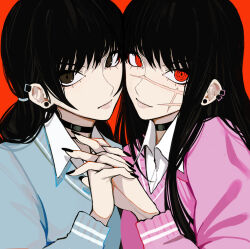 Rule 34 | 2girls, black choker, black hair, black nails, blue sweater, chainsaw man, choker, collared shirt, cross scar, ear piercing, earrings, facial scar, highres, holding hands, jewelry, long hair, looking at viewer, mitaka asa, multiple girls, piercing, pink sweater, red background, red eyes, ringed eyes, sailen0, scar, scar on cheek, scar on face, shirt, simple background, stud earrings, sweater, twintails, white shirt, yoru (chainsaw man)