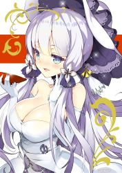 Rule 34 | 1girl, :d, alcohol, azur lane, bare shoulders, blue eyes, breasts, choker, cleavage, commentary request, cup, dress, elbow gloves, gloves, hair tubes, hat, highres, illustrious (azur lane), large breasts, long hair, looking at viewer, mole, mole under eye, naitou ryuu, off-shoulder dress, off shoulder, open mouth, sakazuki, silver hair, simple background, smile, solo, sun hat, tri tails, white gloves